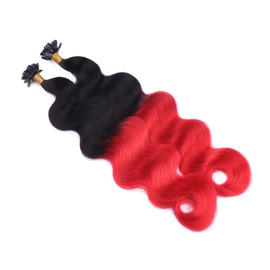 Bonding Extensions #1B/RED Ombre gewellt aus Remy-Echthaar