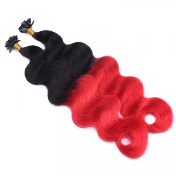 25 Keratin Bonding Hair Extension #1b/Red Ombre GEWELLT 100% Echthaar 1g Strähne - NOVON EXTENTIONS 50cm