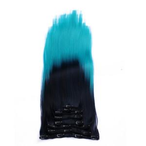 #1B/Skyblue Ombre - Clip In Extensions / 8 Tressen / Haarverlängerung XXL Komplettset 60 cm - Gewellt