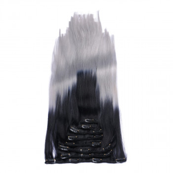 #1B/Grey Ombre - Clip In Extensions / 8 Tressen / Haarverlängerung XXL Komplettset 50 cm - Glatt