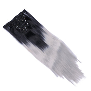 #1B/Grey Ombre - Clip In Extensions / 8 Tressen / Haarverlängerung XXL Komplettset 60 cm - Glatt