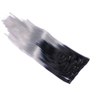 #1B/Grey Ombre - Clip In Extensions / 8 Tressen / Haarverlängerung XXL Komplettset 60 cm - Glatt