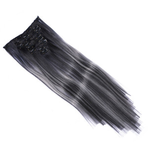 #1B/Grey Gesträhnt - Clip In Extensions / 8 Tressen / Haarverlängerung XXL Komplettset 60 cm - Glatt