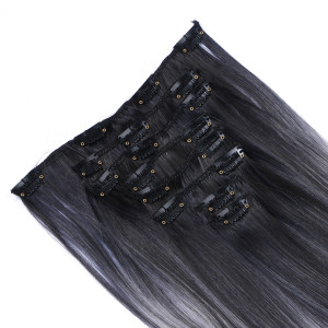 #1B/Grey Gesträhnt - Clip In Extensions / 8 Tressen / Haarverlängerung XXL Komplettset 60 cm - Glatt