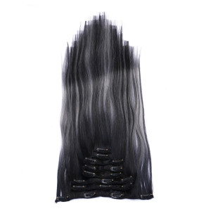 #1B/Grey Gesträhnt - Clip In Extensions / 8 Tressen / Haarverlängerung XXL Komplettset 60 cm - Glatt