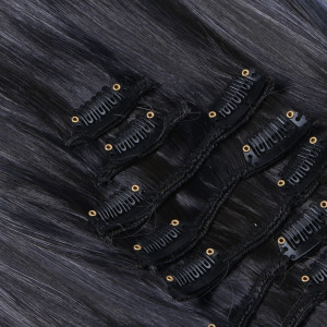 #1B/Grey Gesträhnt - Clip In Extensions / 8 Tressen / Haarverlängerung XXL Komplettset 60 cm - Gewellt