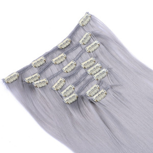 #Grey/Grau - Clip-In Hair Extensions / 8 Tressen / Haarverlängerung XXL Komplettset 60 cm - Glatt