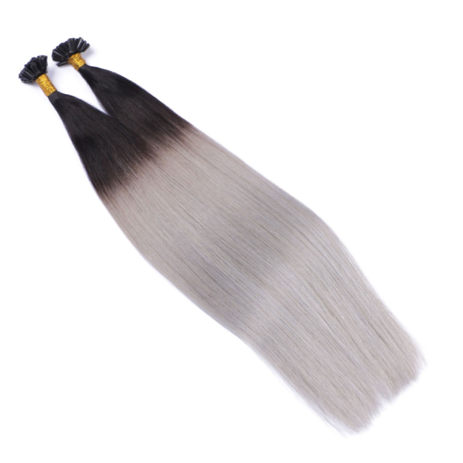 NOVON Keratin Bonding Haarverlängerungen – 100 Strähnen, 40 Cm, 1g/Strähne, 100% Remy Echthaar, Farbe 1B/Silber Ombré