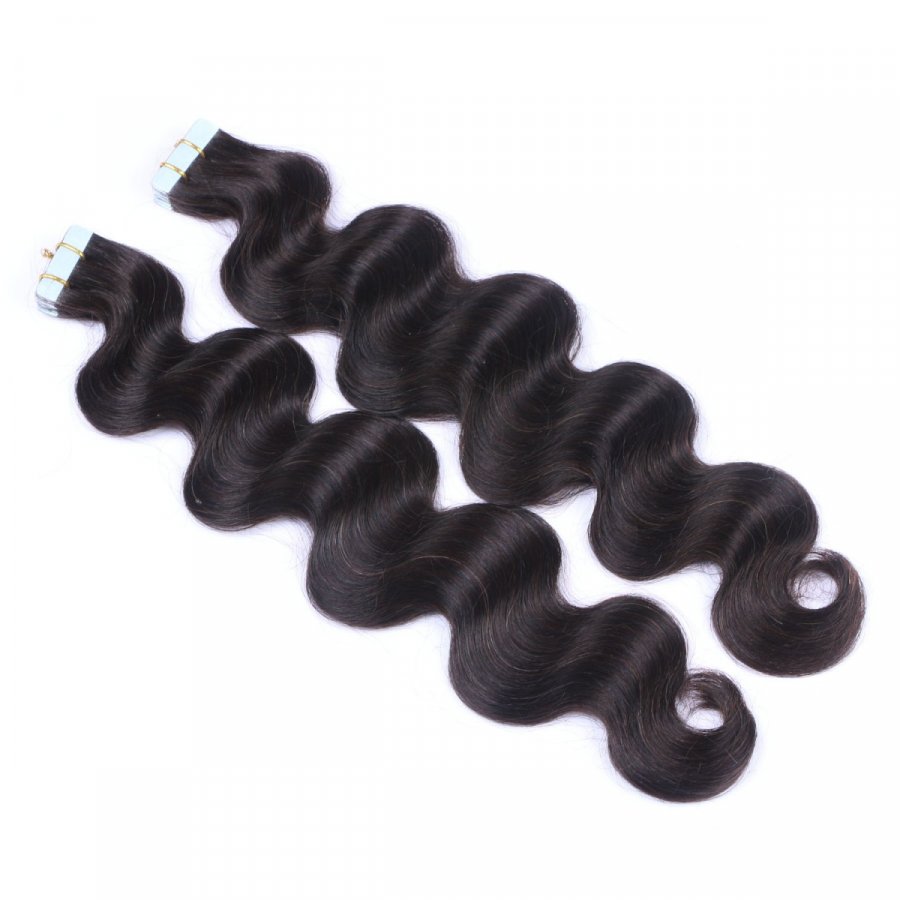 Tape Extensions #1B Schwarzbraun gewellt aus Remy-Echthaar