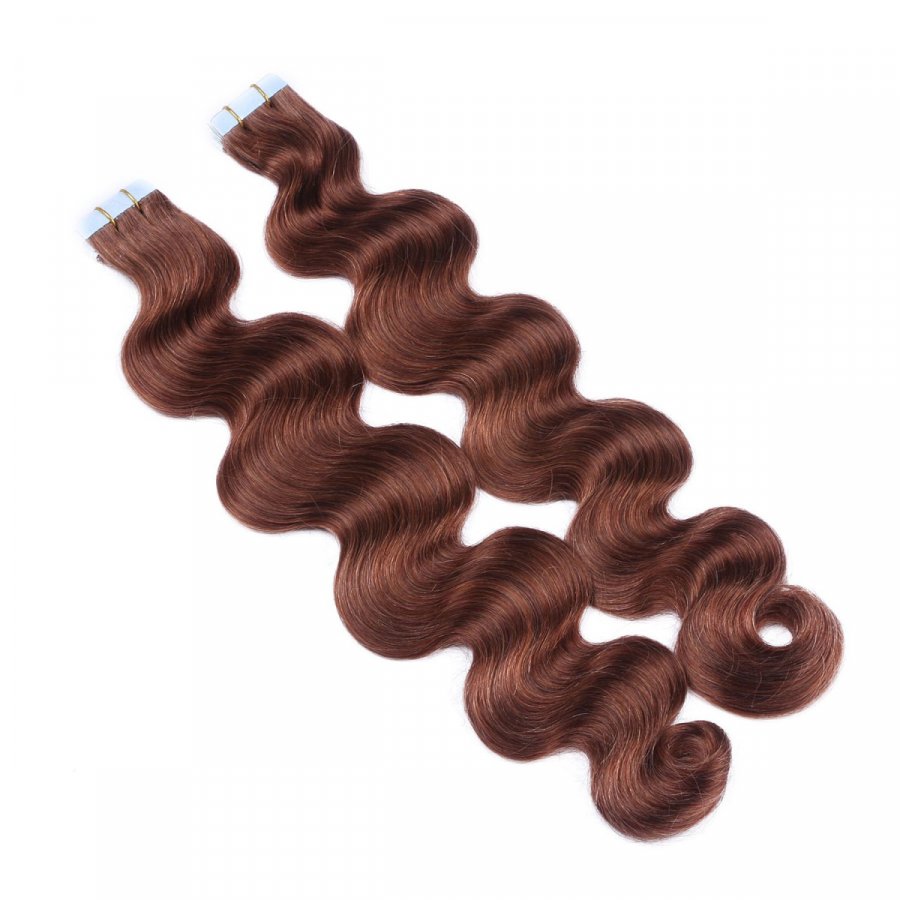 Tape Extensions #33 Rotbraun gewellt aus Remy-Echthaar