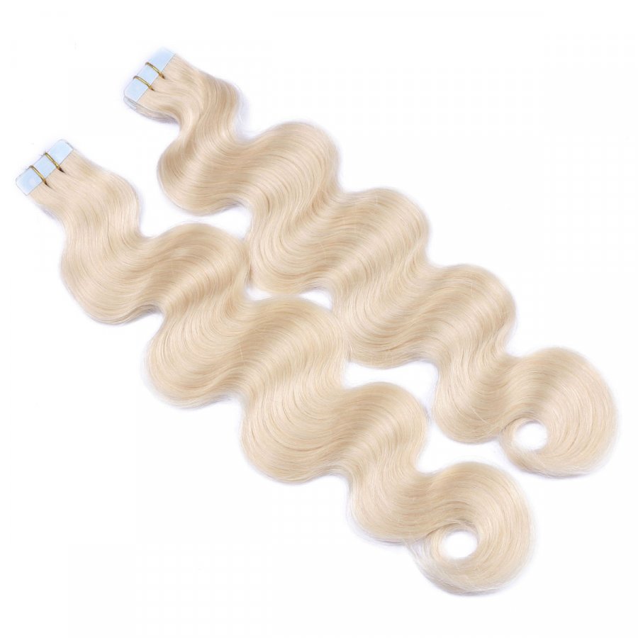 Tape Extensions #60 Weißblond gewellt aus Remy-Echthaar