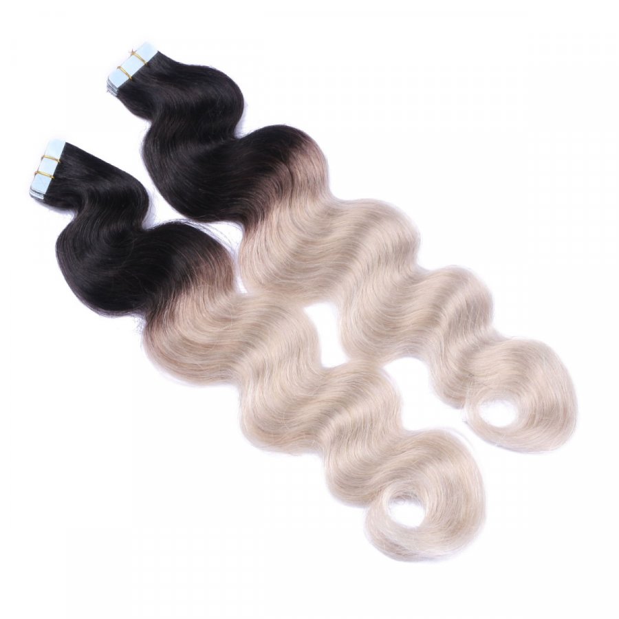 Tape Extensions #1B/GREY Ombre gewellt aus Remy-Echthaar