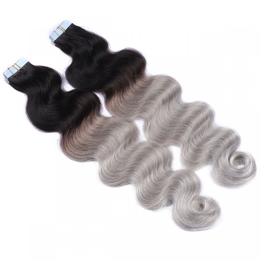 Tape Extensions #1B/SILVER Ombre gewellt aus Remy-Echthaar