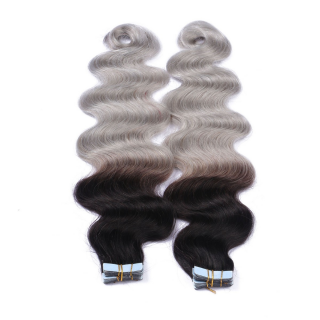 10 x Tape In - 1b/Silver Ombre - GEWELLT Hair Extensions - 2,5g - NOVON EXTENTIONS 50 cm