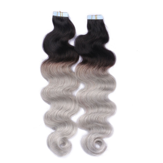 10 x Tape In - 1b/Silver Ombre - GEWELLT Hair Extensions - 2,5g - NOVON EXTENTIONS 60 cm