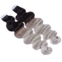 10 x Tape In - 1b/Silver Ombre - GEWELLT Hair Extensions - 2,5g - NOVON EXTENTIONS 60 cm