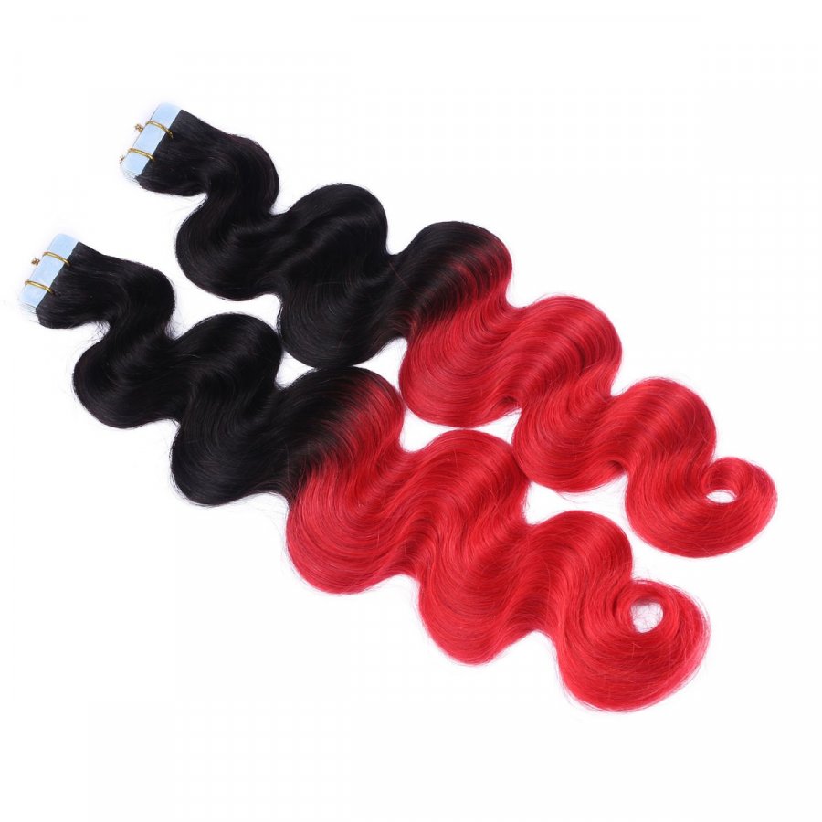 Tape Extensions #1B/RED Ombre gewellt aus Remy-Echthaar