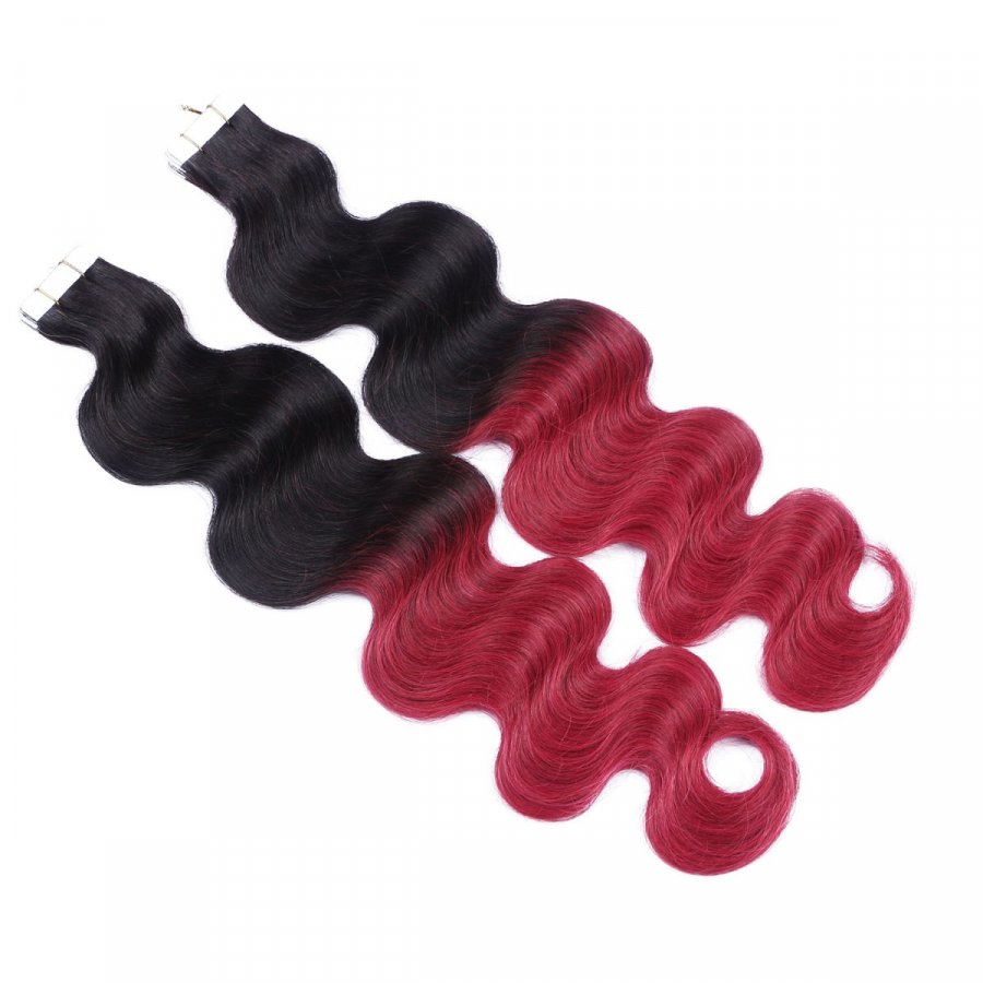Tape Extensions #1B/BURG Ombre gewellt aus Remy-Echthaar