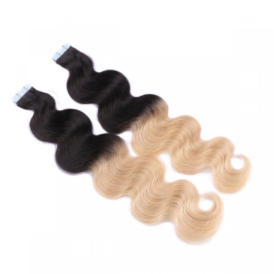 Tape Extensions #1B/24 Ombre gewellt aus Remy-Echthaar