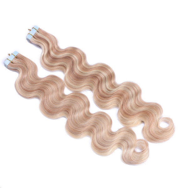 10 x Tape In - 12/613 Gesträhnt - GEWELLT Hair Extensions - 2,5g - NOVON EXTENTIONS 50 cm