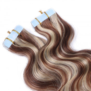 10 x Tape In - 4/24 Gesträhnt - GEWELLT Hair Extensions - 2,5g - NOVON EXTENTIONS