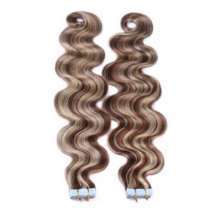 10 x Tape In - 4/24 Gesträhnt - GEWELLT Hair Extensions - 2,5g - NOVON EXTENTIONS 50 cm