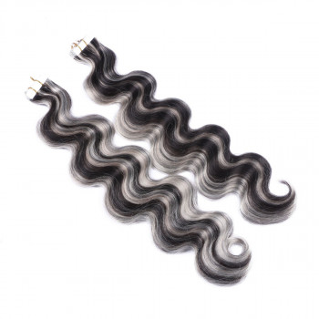 10 x Tape In - 1b/Grey Gesträhnt - GEWELLT Hair Extensions - 2,5g - NOVON EXTENTIONS 60 cm