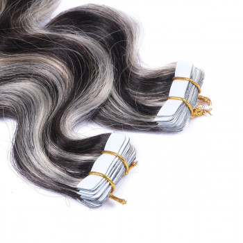 10 x Tape In - 1b/Grey Gesträhnt - GEWELLT Hair Extensions - 2,5g - NOVON EXTENTIONS 60 cm