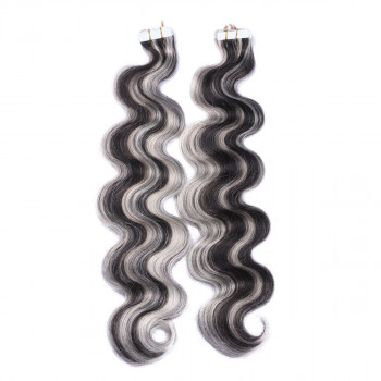 10 x Tape In - 1b/Grey Gesträhnt - GEWELLT Hair Extensions - 2,5g - NOVON EXTENTIONS 60 cm