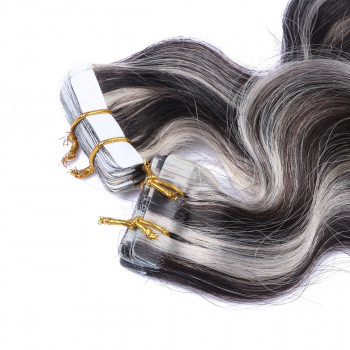 10 x Tape In - 1b/Grey Gesträhnt - GEWELLT Hair Extensions - 2,5g - NOVON EXTENTIONS 60 cm