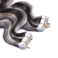 10 x Tape In - 1b/Grey Gesträhnt - GEWELLT Hair Extensions - 2,5g - NOVON EXTENTIONS 60 cm