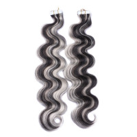 10 x Tape In - 1b/Grey Gesträhnt - GEWELLT Hair Extensions - 2,5g - NOVON EXTENTIONS 60 cm