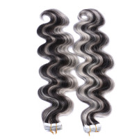 10 x Tape In - 1b/Grey Gesträhnt - GEWELLT Hair Extensions - 2,5g - NOVON EXTENTIONS 60 cm