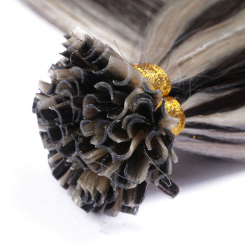 25 x Keratin Bonding Hair Extensions - 1b/Grey Gesträhnt - 100% Echthaar - NOVON EXTENTIONS 50 cm - 1 g