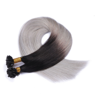 25 x Keratin Bonding Hair Extensions - 1b/Silver Ombre - 100% Echthaar - NOVON EXTENTIONS 60 cm - 1 g
