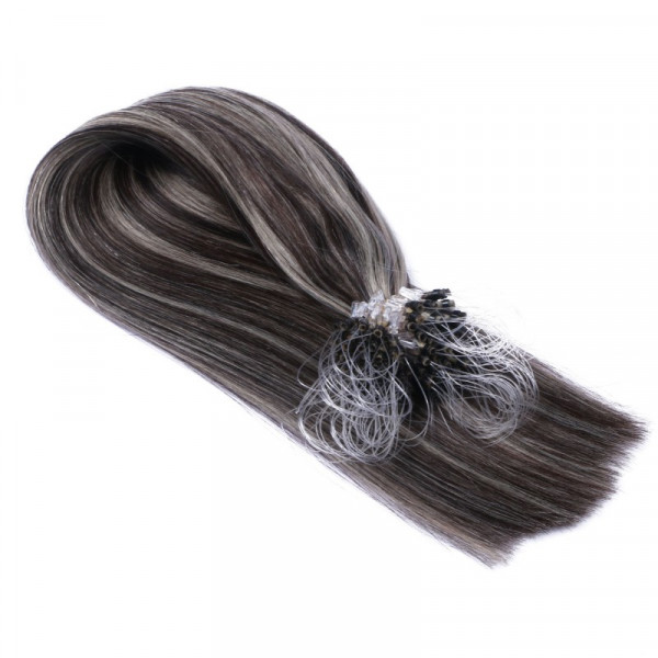 25 x Micro Ring / Loop - 1b/Grey Gesträhnt - Hair Extensions 100% Echthaar - NOVON EXTENTIONS 50 cm - 1 g