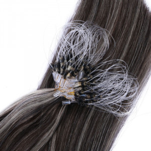 25 x Micro Ring / Loop - 1b/Grey Gesträhnt - Hair Extensions 100% Echthaar - NOVON EXTENTIONS 50 cm - 1 g