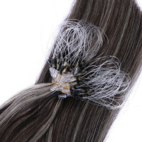 25 x Micro Ring / Loop - 1b/Grey Gesträhnt - Hair Extensions 100% Echthaar - NOVON EXTENTIONS 50 cm - 0,5 g