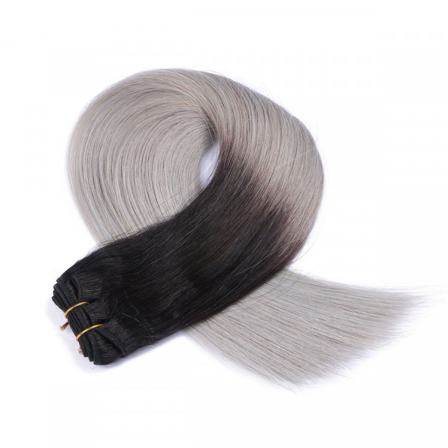 Echthaar Tressen - Weft Extentions - 1b/Silver Ombre
