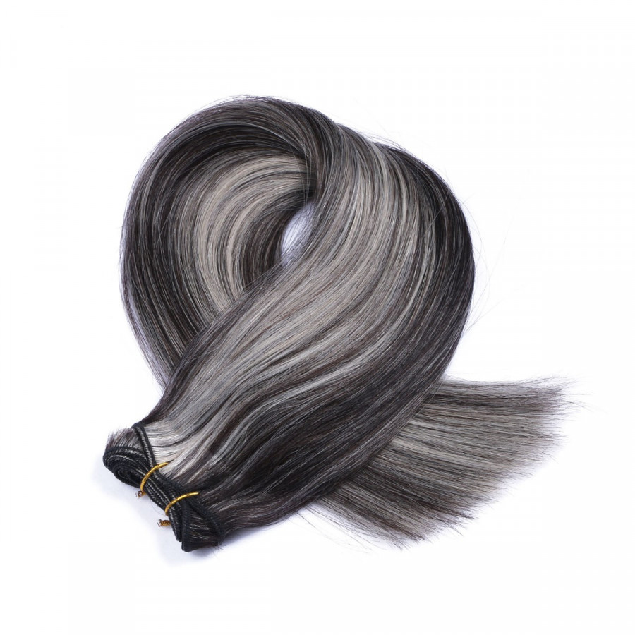 Echthaar Tressen - Weft Extentions - 1b/Grey Gesträhnt