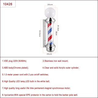 Novon Professional Barber Pole Classic Chrome with light - Red / Blue