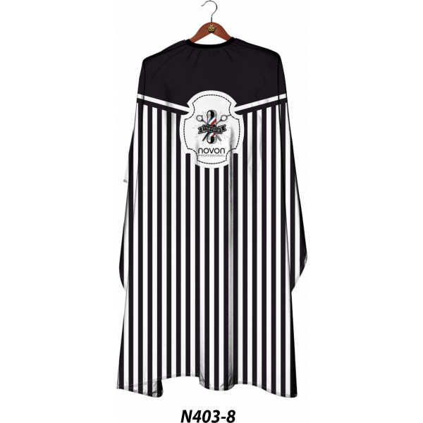 Novon Professional Hairdresser Cape/ Umhang - schwarz - weiß gestreift mit Barberlogo