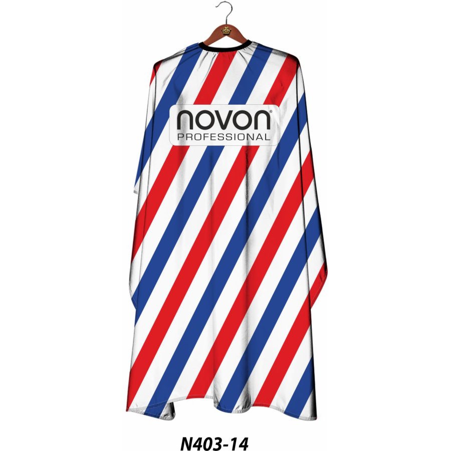 Novon Friseurumhang Weiß/Blau/Rot diagonal gestreift