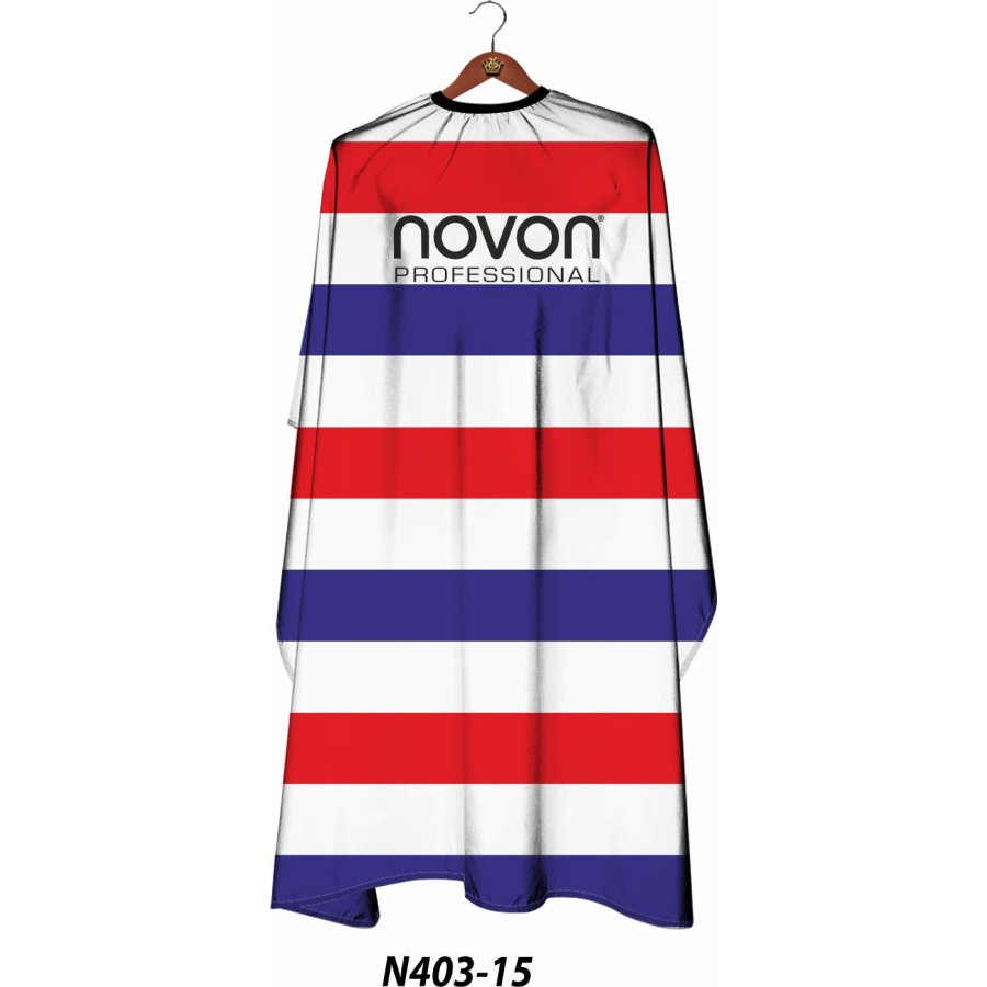 Novon Friseurumhang Weiß/Blau/Rot quer gestreift