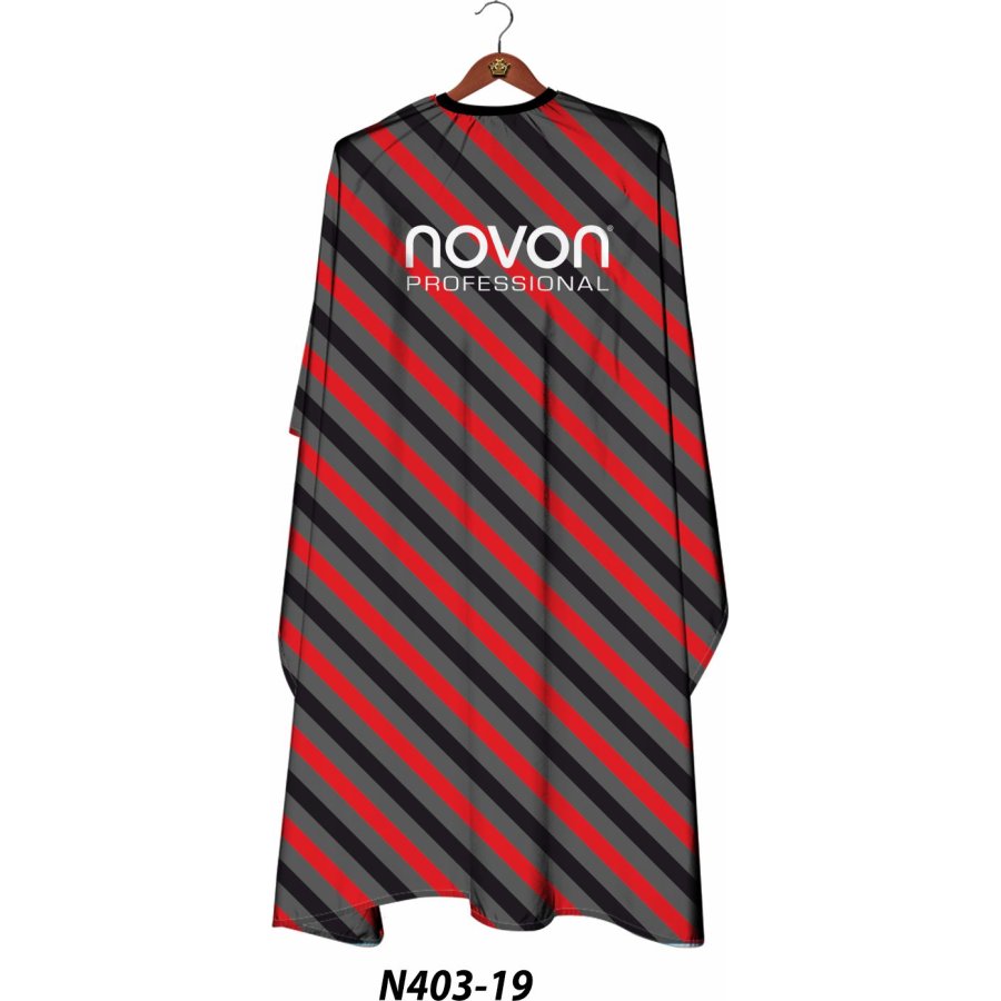 Novon Friseurumhang Grau/Schwarz/Rot diagonal gestreift