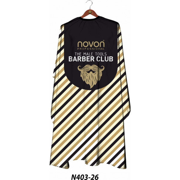 Novon Professional Hairdresser Cape/ Umhang - schwarz - gold - weiß gestreift mit Barber Club Logo